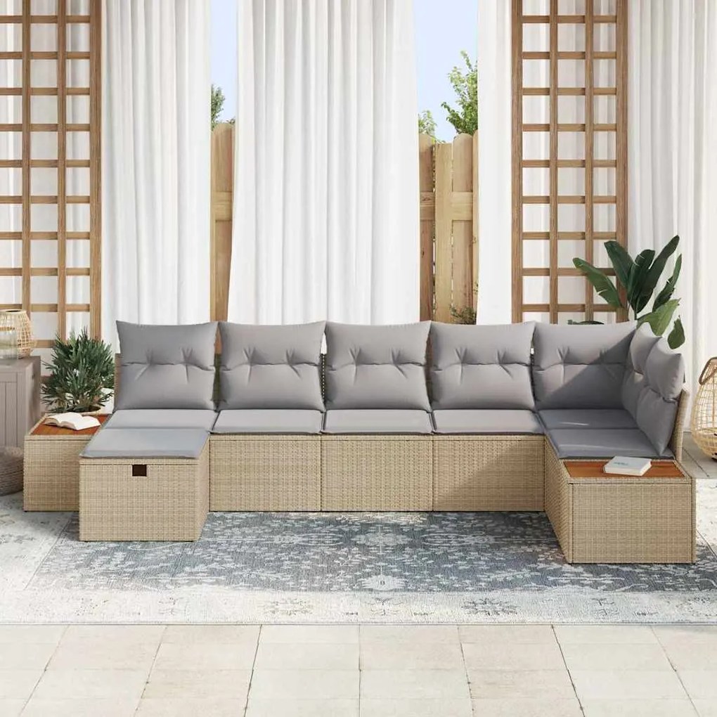 vidaXL Σετ Καναπέ Κήπου με μαξιλάρι 7 pcs Μπεζ Πολυ ράταν