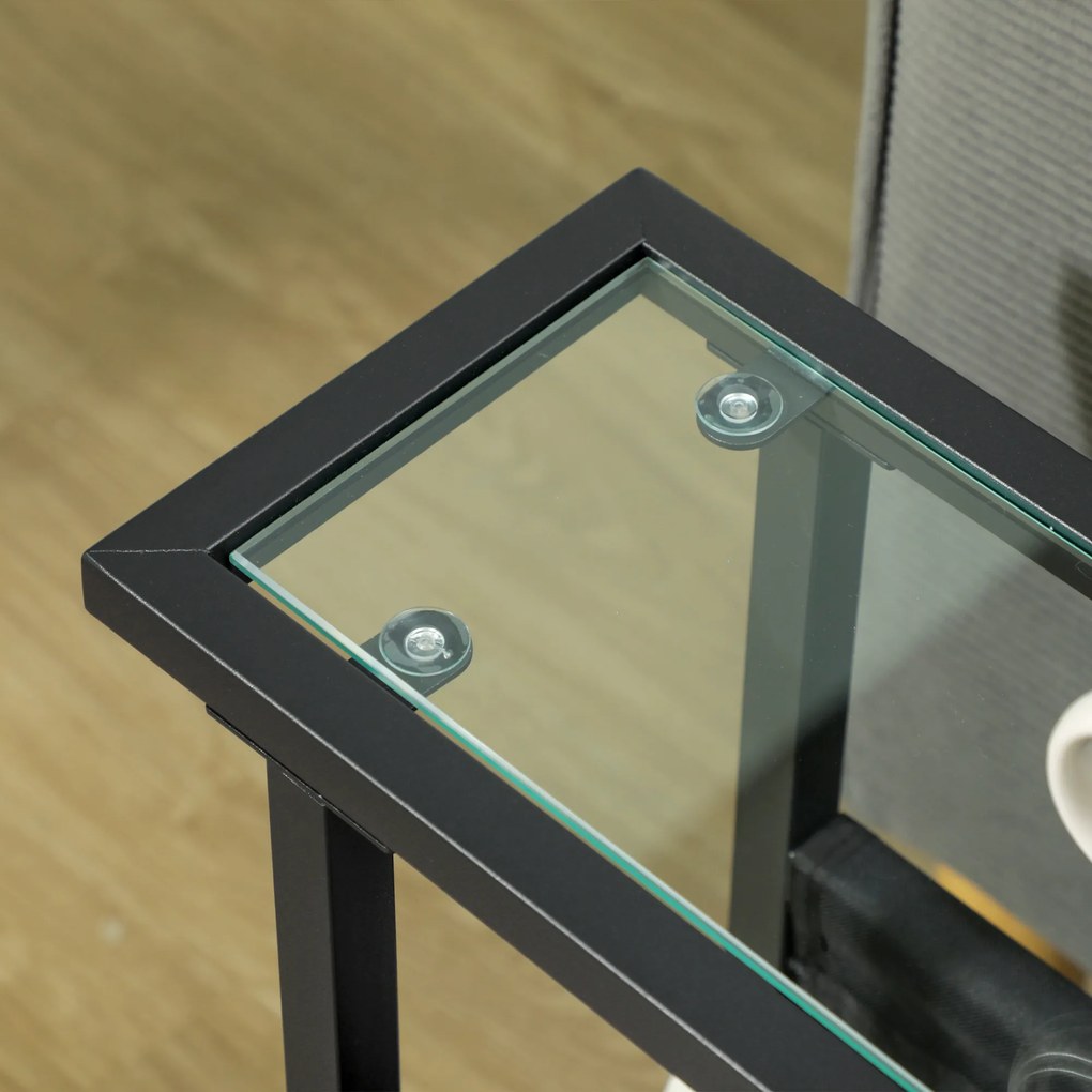 HOMCOM μεταλλικό κομοδίνο με υφασμάτινη τσάντα και γυάλινη επιφάνεια, στενό τραπέζι για σαλόνι, υπνοδωμάτιο, μαύρο