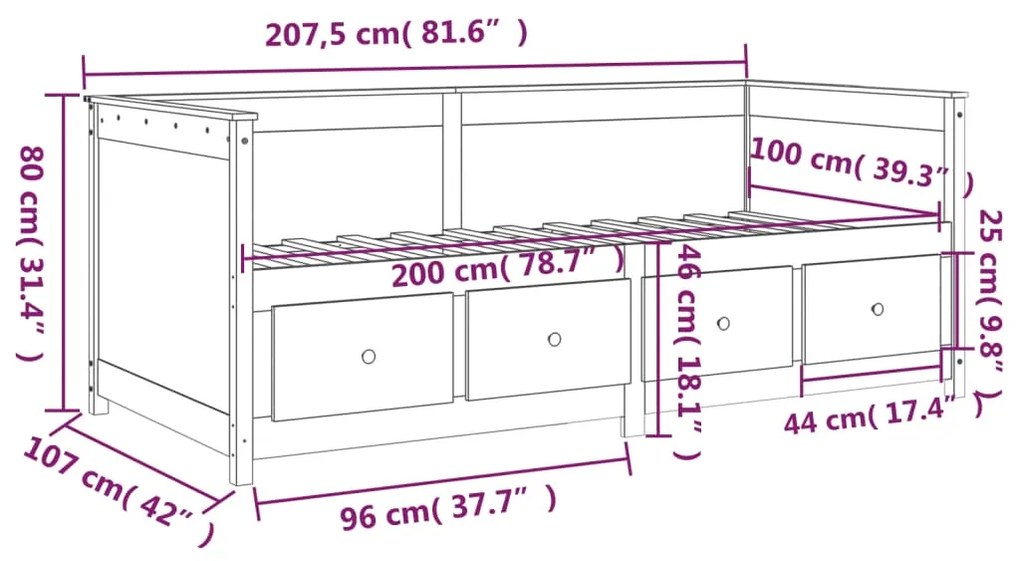 820387 Καναπές Κρεβάτι Μαύρο 100x200 εκ. από Μασίφ Ξύλο Πεύκου - Μαύρο