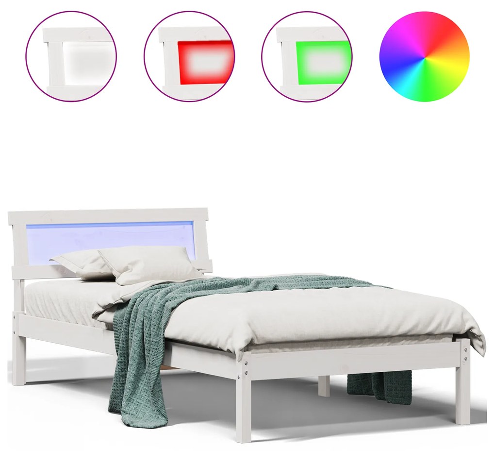 vidaXL Κρεβάτι με LED Κεφαλάρι σε Λευκό, 90 x 200 εκ, από Μασίφ Πεύκο