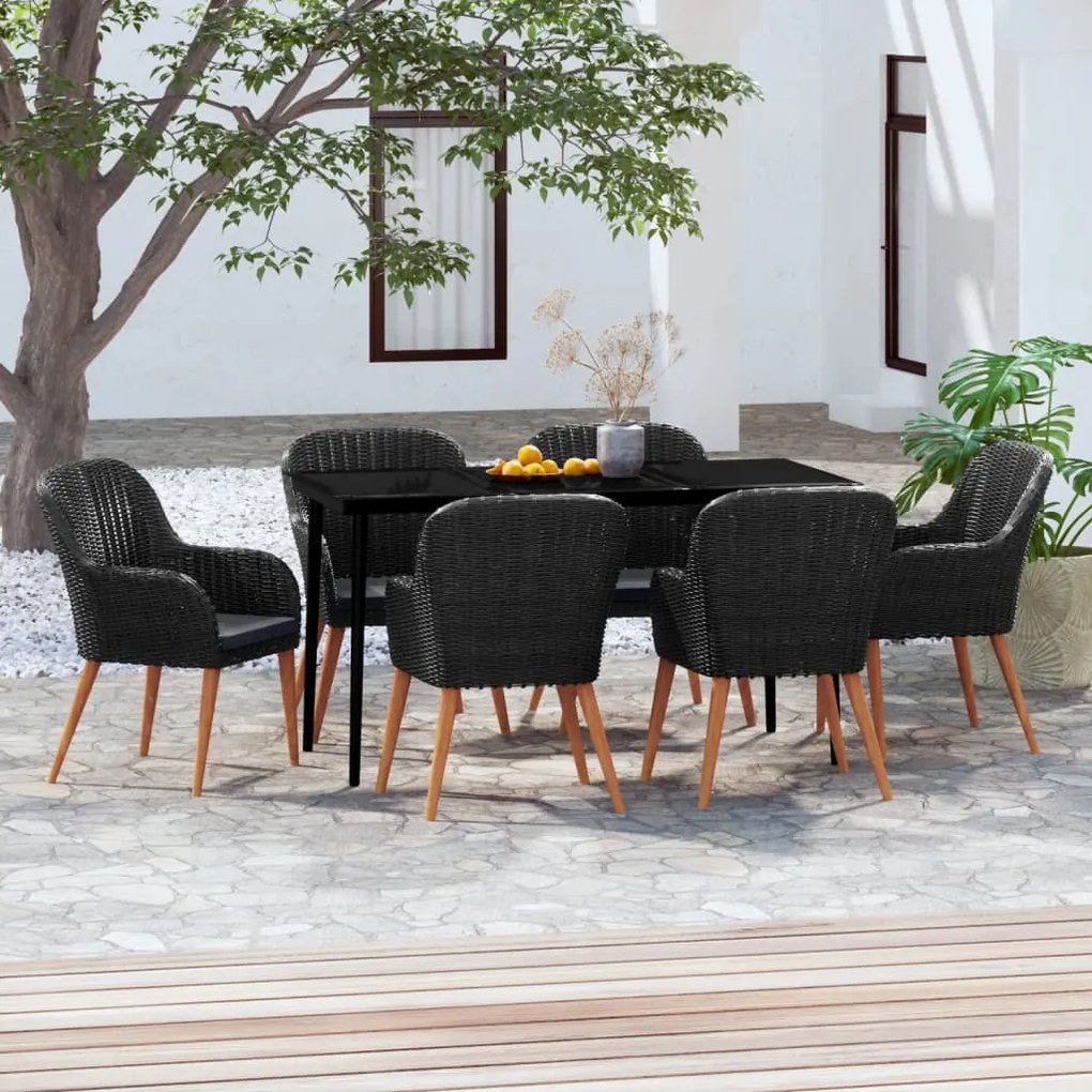 vidaXL Σετ Τραπεζαρίας Κήπου 7 Τεμαχίων Μαύρο με Μαξιλάρια