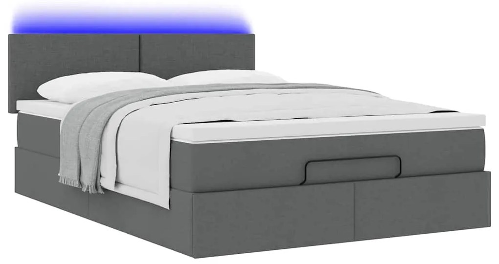 vidaXL Οθωμανικό κρεβάτι με στρώμα & LEDs Σκούρο γκρι 140x200cm Ύφασμα