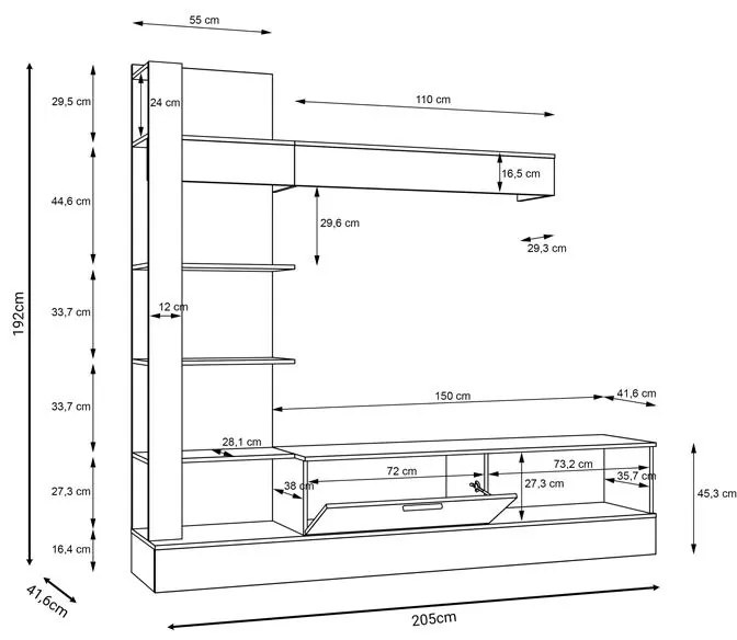 Σύνθετο σαλονιού Dranko μαύρο-oak μελαμίνης 205x41.5x192εκ 205x41.5x192 εκ.