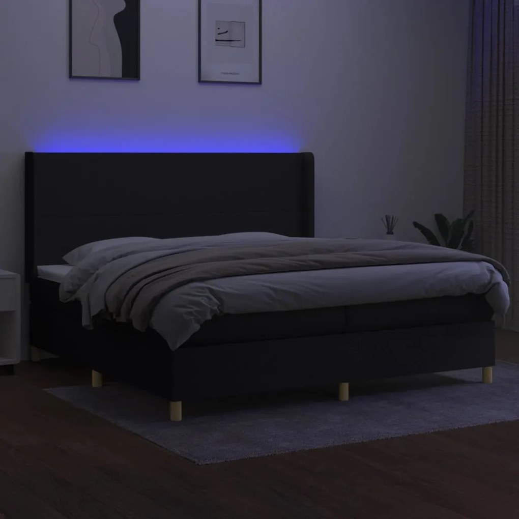 Κρεβάτι Boxspring με Στρώμα &amp; LED Μαύρο 200x200 εκ. Υφασμάτινο - Μαύρο