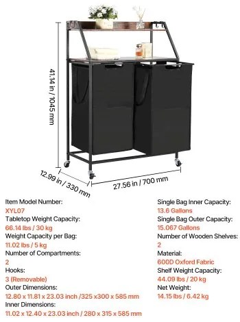 VEVOR 2 Tiers Laundry Sorter Tall Laundry Hamper with Wheels and Hooks 2 Section