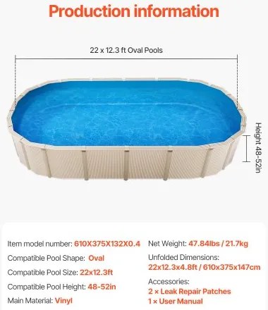 VEVOR Oval Pool Liner 22 x 12.3ft Overlap Style Pool Liner 52in Wall Height