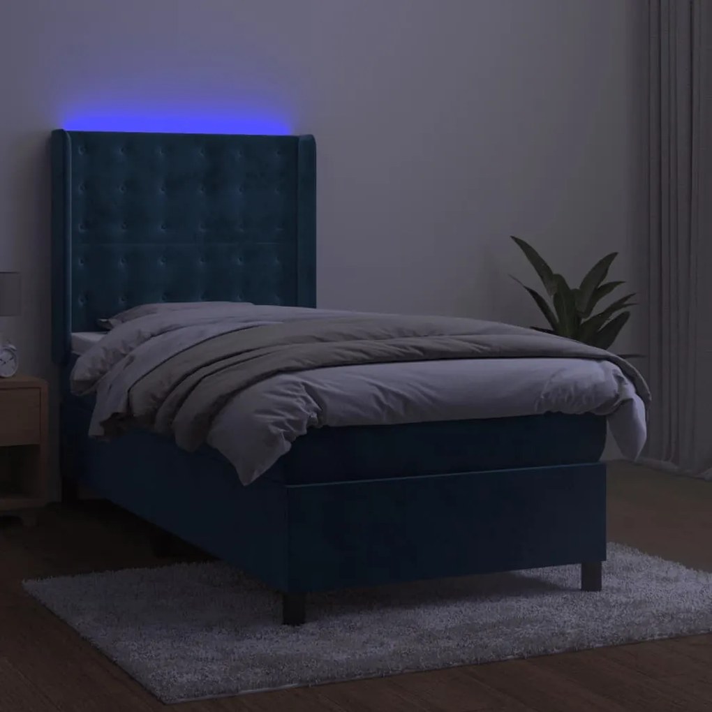 vidaXL Κρεβάτι Boxspring με Στρώμα & LED Σκ. Μπλε 90x190 εκ. Βελούδινο