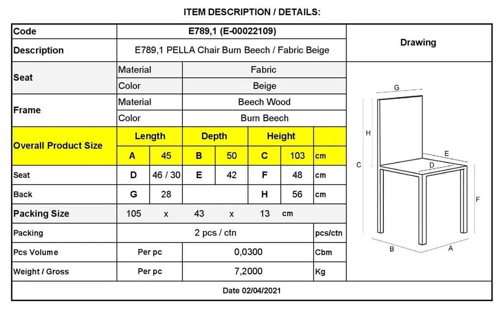 Καρέκλα PELLA Οξυά Καρυδί Burn Beech/Ύφ.Μπεζ 45x50x103cm (Σετ 2 ΤΕΜ)