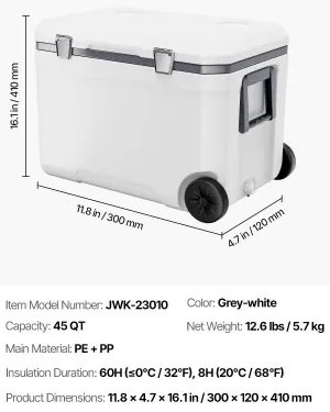 VEVOR Portable Cooler 45 QT Wheeled Cooler 64 Can Capacity with Cup Holder