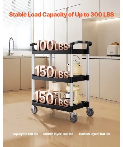VEVOR Heavy Duty Utility Cart 300 lbs Capacity 3-tier Service Cart with Wheels
