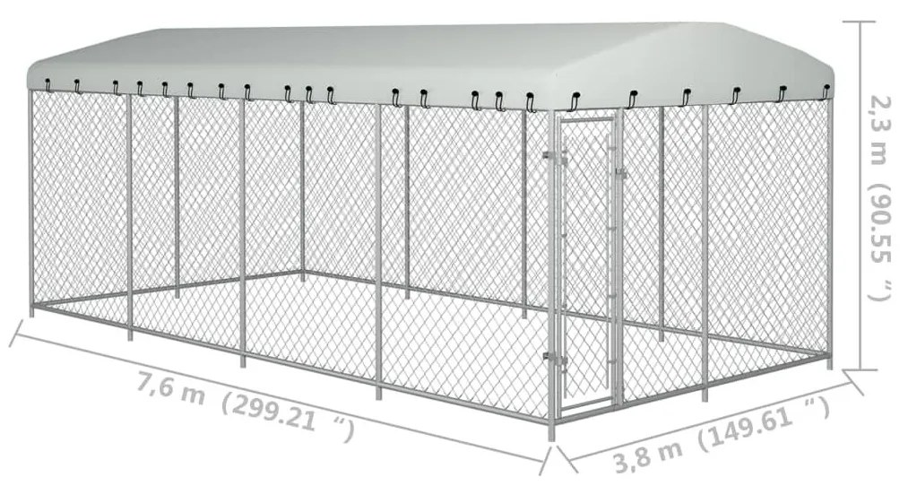 Κλουβί Σκύλου Εξωτερικού Χώρου 7,6 x 3,8 x 2,3 μ. με Στέγαστρο - Ασήμι