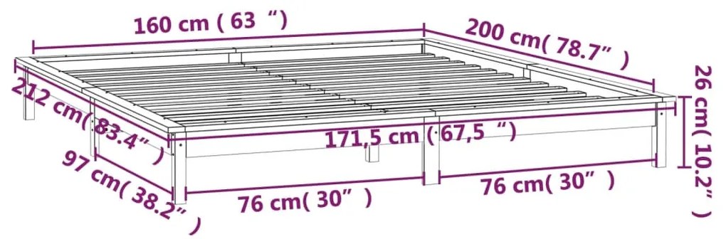 Πλαίσιο Κρεβατιού με LED Γκρι 160 x 200 εκ. από Μασίφ Ξύλο - Γκρι