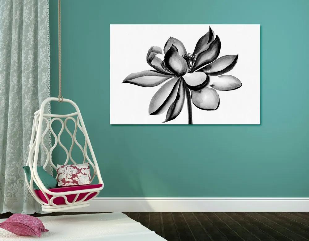 Εικόνα ακουαρέλα λουλούδι λωτού σε ασπρόμαυρο σχέδιο - 90x60