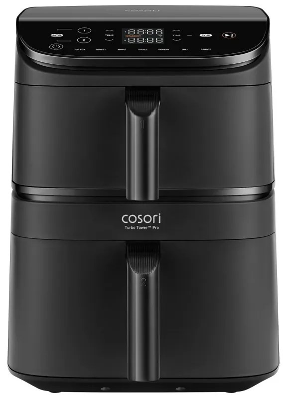 Cosori CAF-DC121-Ader Turbo Tower Διπλή φριτέζα ζεστού αέρα, 2630W, 4.3/6.5 L, 7 προγράμματα, 30-230C, έλεγχος αφής, χρονοδιακόπτης, κρύοι τοίχοι, μαύρο