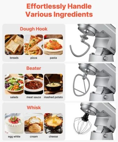 VEVOR Stand Mixer, 5.7 L Electric Kitchen Mixer, 1500W Dough-Mixer, 10 Speeds Tilt-head Food-Mixer with Stainless Steel Bowl, Dough Hook, Whisk, Beater, for Baking, Mixing, Whipping & Kneading, Silver