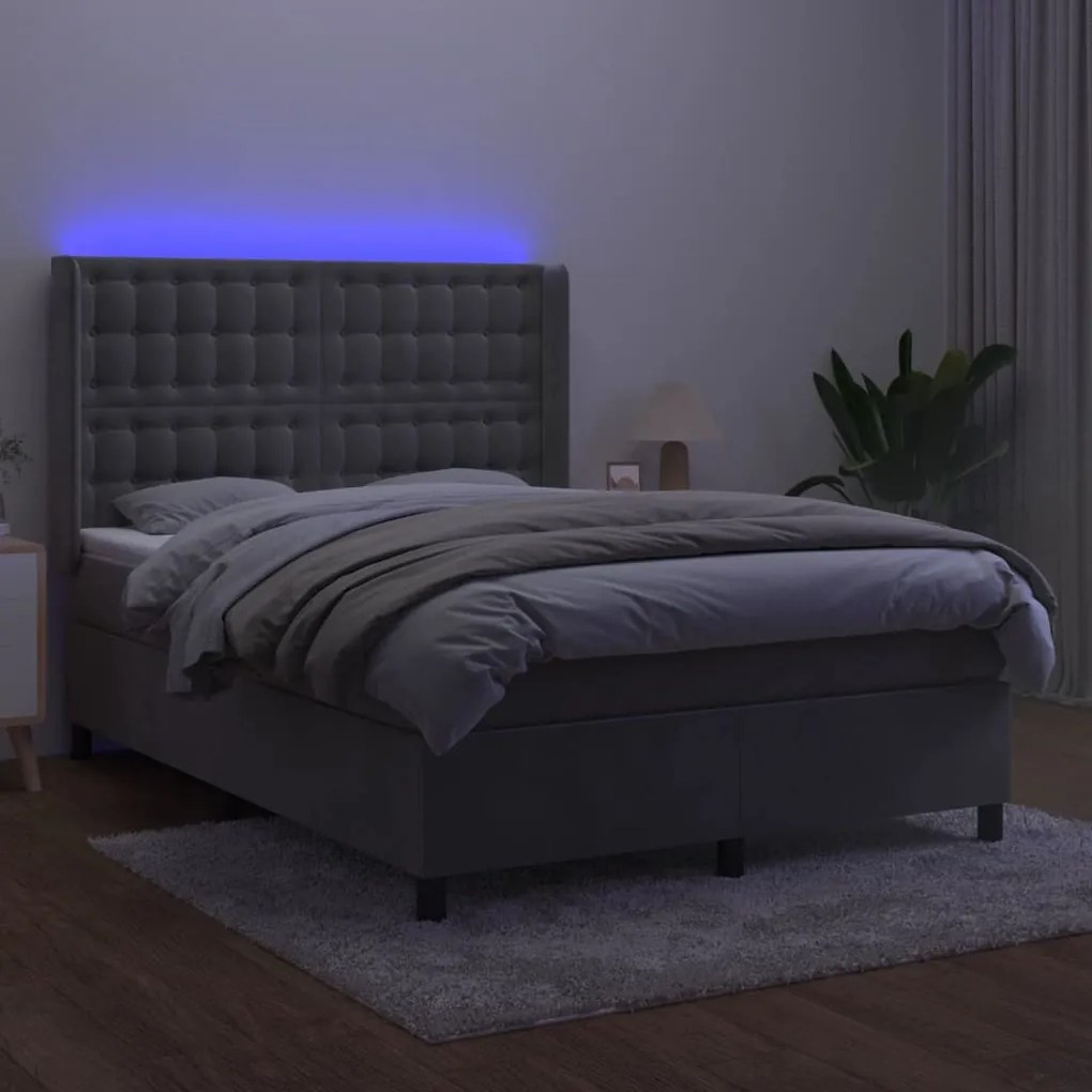 Κρεβάτι Boxspring με Στρώμα &amp; LED Αν.Γκρι 140x200 εκ. Βελούδινο - Γκρι