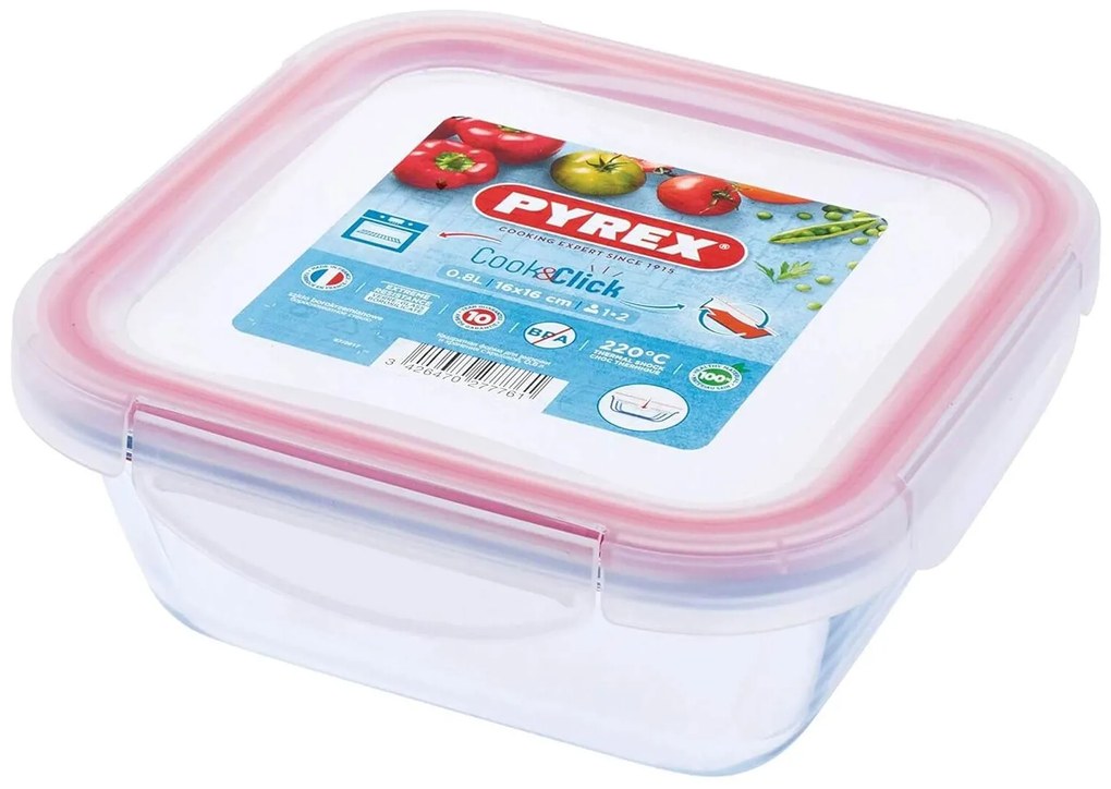 Γυάλινο Δοχείο Τροφίμων Cook &amp; Click Pyrex με καπάκι, χωρητικότητα 0.85lt και διαστάσεις 16x16x6cm