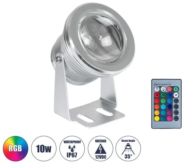 Προβολέας LED Κήπου 10W IP68 ΑσύρΧειριστήριο RGB Ασημί 75592 Globostar-75592-Ασημί 75592