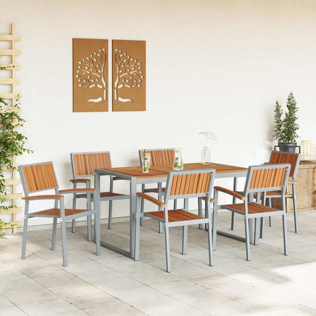 vidaXL Σέτ φαγητού για κήπο 7 pcs Γκρι και καφέ 160 x 80 x 75 cm