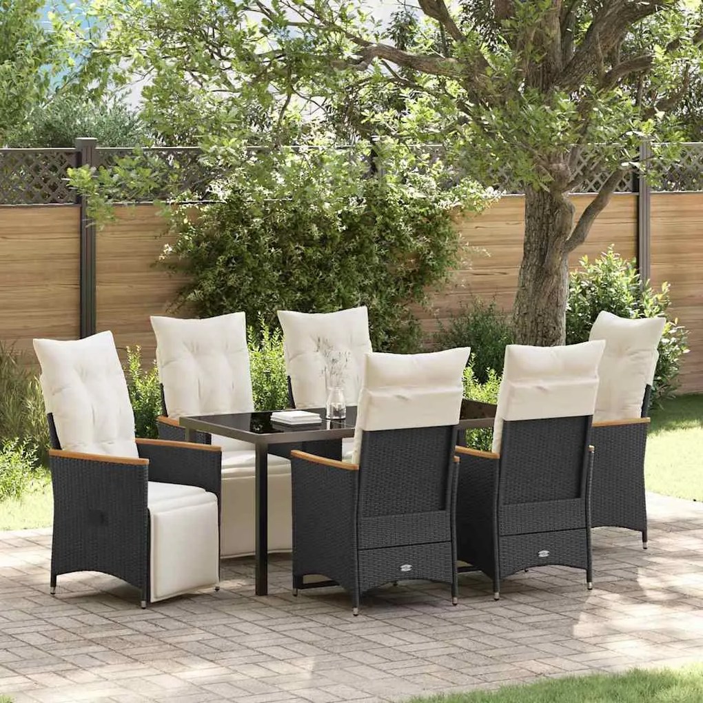 vidaXL Σέτ φαγητού για κήπο με μαξιλάρι 7 pcs Μαύρο Πολυ ράταν