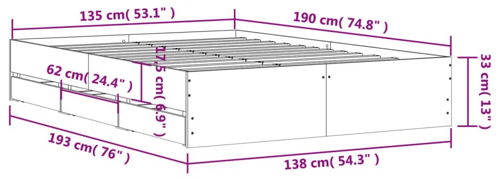 Πλαίσιο Κρεβατιού με συρτάρια Καφέ Δρυς 135x190εκ. Επεξ. Ξύλο - Καφέ