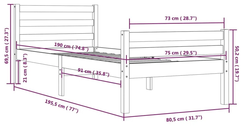 Πλαίσιο Κρεβατιού 75 x 190 εκ. από Μασίφ Ξύλο Small Single - Καφέ