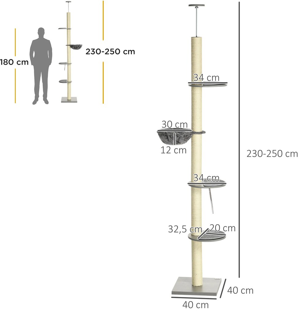 PawHut Ορθοστάτης για γάτες με αιώρα, με ελατήριο οροφής, ύψος οροφής, 40 εκ. x 40 εκ. x 250 εκ., Γκρι + Κρεμ