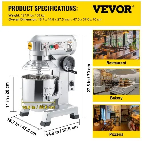 VEVOR Commercial Stand Mixer, 15Qt Stainless Steel Bowl, 850W Heavy Duty Electric Food Mixer with 3 Speeds Adjustable 113/184/341 RPM, Dough Hook Whisk Beater Included, Perfect for Bakery Pizzeria
