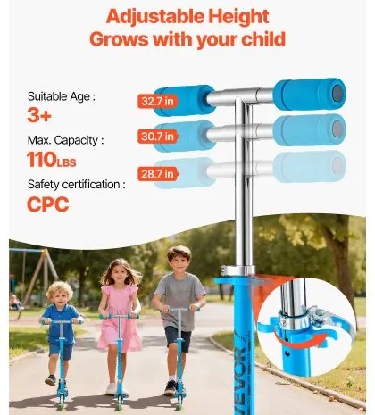 VEVOR Kick Scooter for Kids Ages 3+, 2-Wheel Toddler Scooter with Light-Up Wheels, Adjustable Height Handlebar, Wide Anti-Slip Deck, Foldable Lightweight Frame for Boys and Girls up to 49.9 kg, Blue