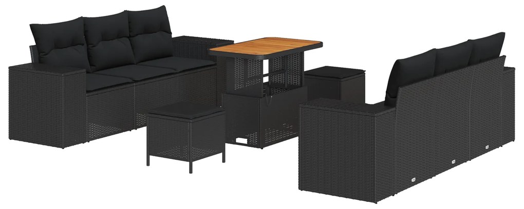 vidaXL 9 τεμαχίων σετ καναπέ κήπου με μαξιλάρια από μαύρο πολυ-ρατάν