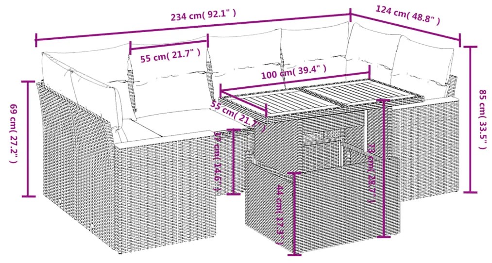 vidaXL Καναπές Σετ 7 Τεμαχίων Μαύρο Συνθετικό Ρατάν με Μαξιλάρια