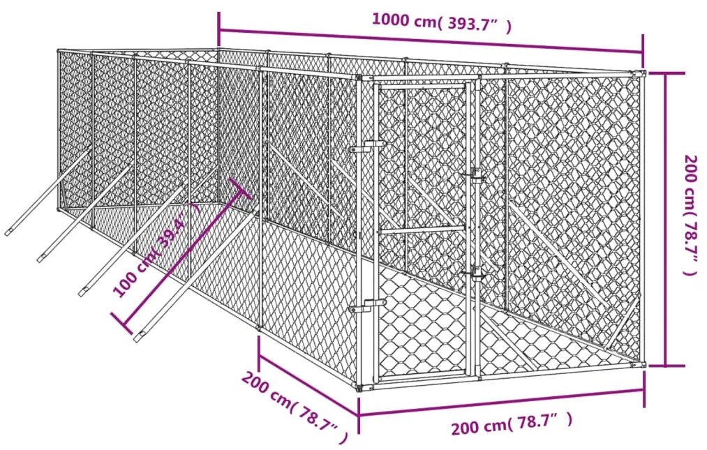 vidaXL Κλουβί Σκύλου Εξωτερ. Χώρου Ασημί 2x10x2 μ. από Γαλβαν. Ατσάλι