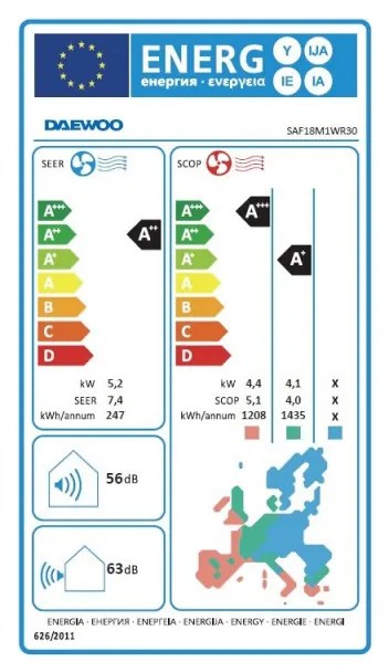 Κλιματιστικό Inverter Daewoo SAF18M1WR30, 18000 BTU, A+++ / A++, Έως 36 m2, Επίχρυσος συμπυκνωτής, Φίλτρο ενεργού άνθρακα, Λευκό