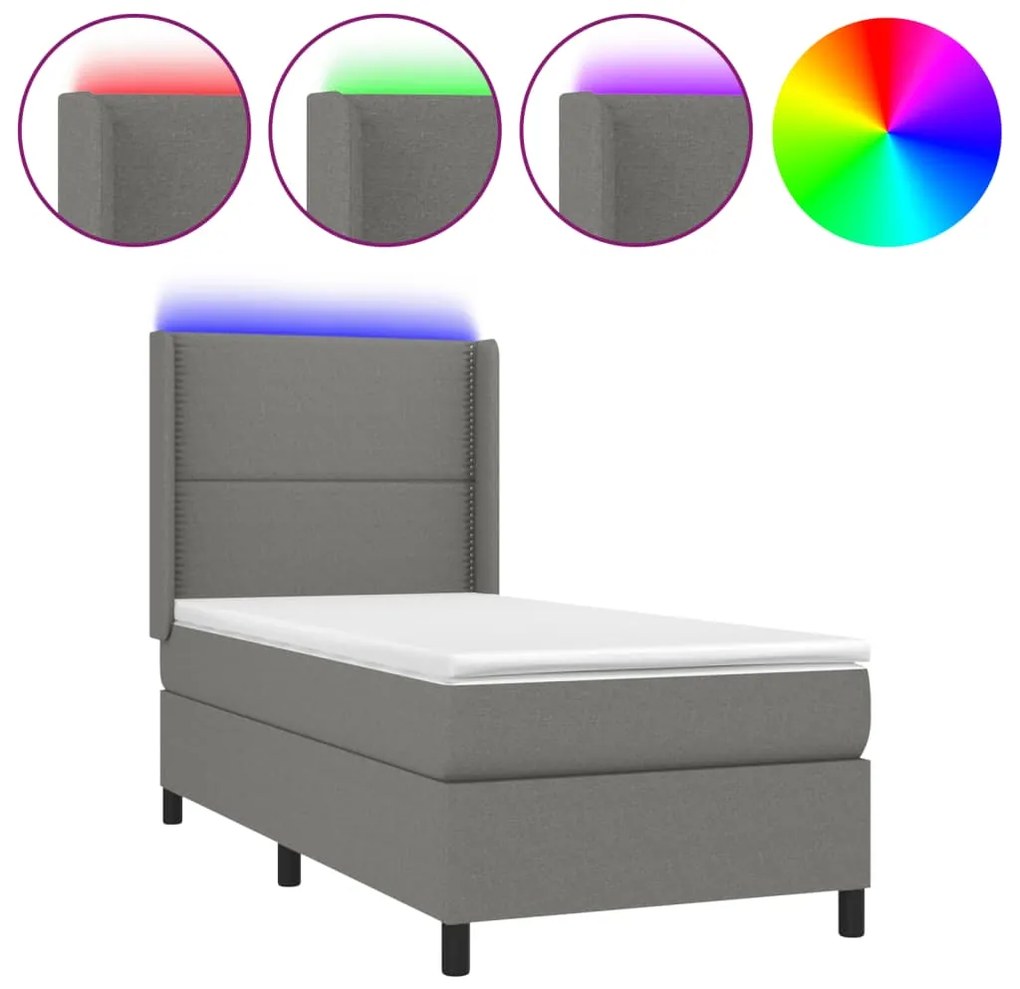 vidaXL Κρεβάτι Boxspring με Στρώμα &amp; LED Σκ.Γκρι 100x200 εκ Υφασμάτινο