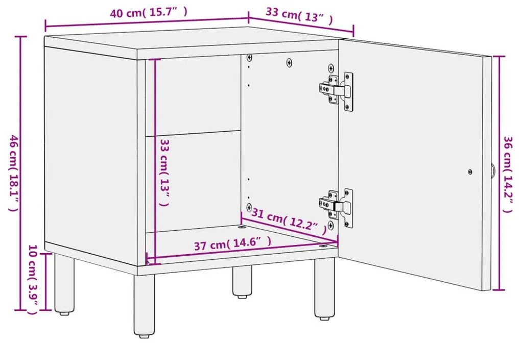 Κομοδίνο Μαύρο 40 x 33 x 46 εκ. από Μασίφ Ξύλο Μάνγκο - Μαύρο