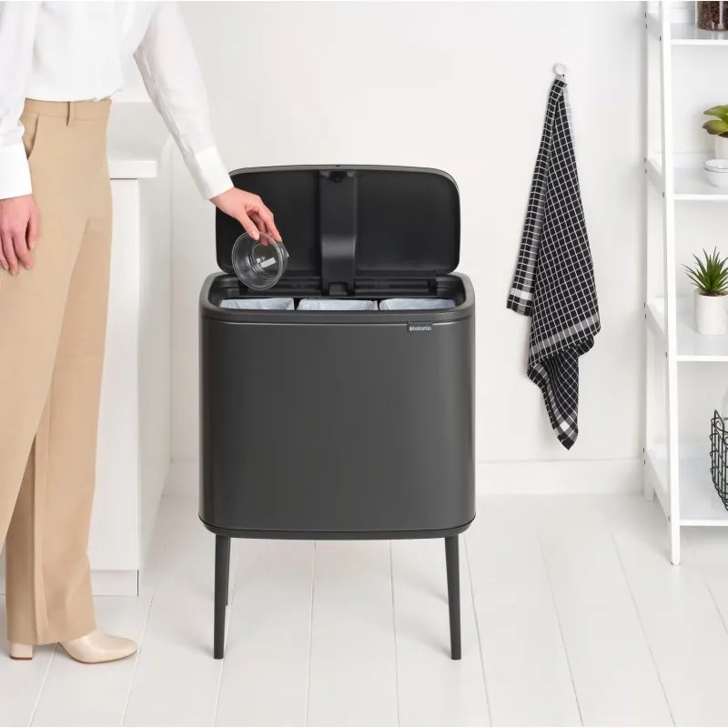 Κάδος Brabantia Bo Touch 1008857, 3x11 l, Ομαλό και αθόρυβο άνοιγμα, Μεγάλο άνοιγμα, Σκούρο γκρι
