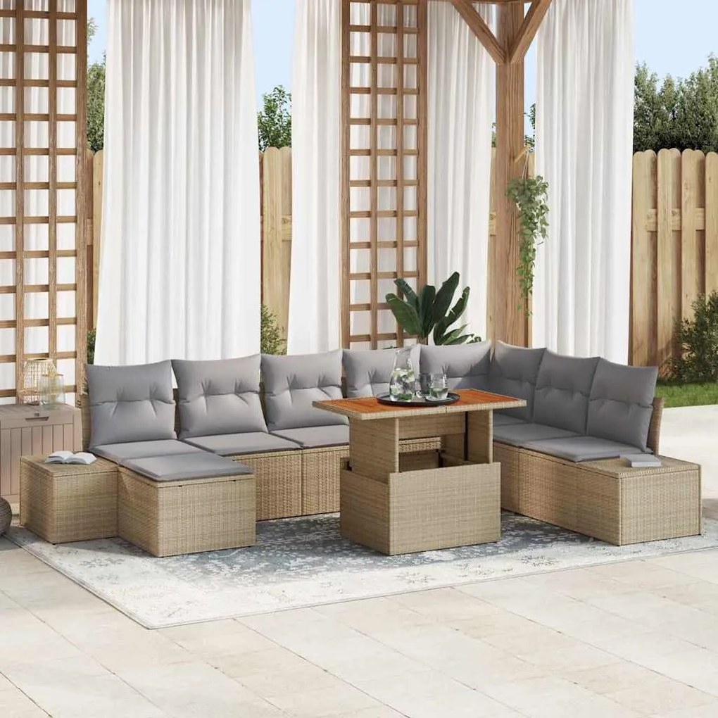 vidaXL Σέτ φαγητού για κήπο με μαξιλάρι 9 pcs Μπεζ, Γκρι