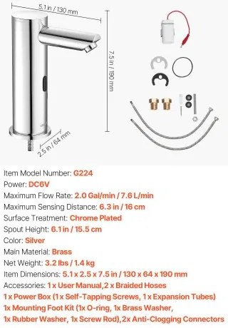 VEVOR Touchless Bathroom Sink Faucet, Automatic Motion Sensor Restroom Toilet Faucet, Hands Free Adjustable Cold Hot Single Handle Water Mixer Battery Operated for 9.5 mm Pipe,Brushed Nickel Silver