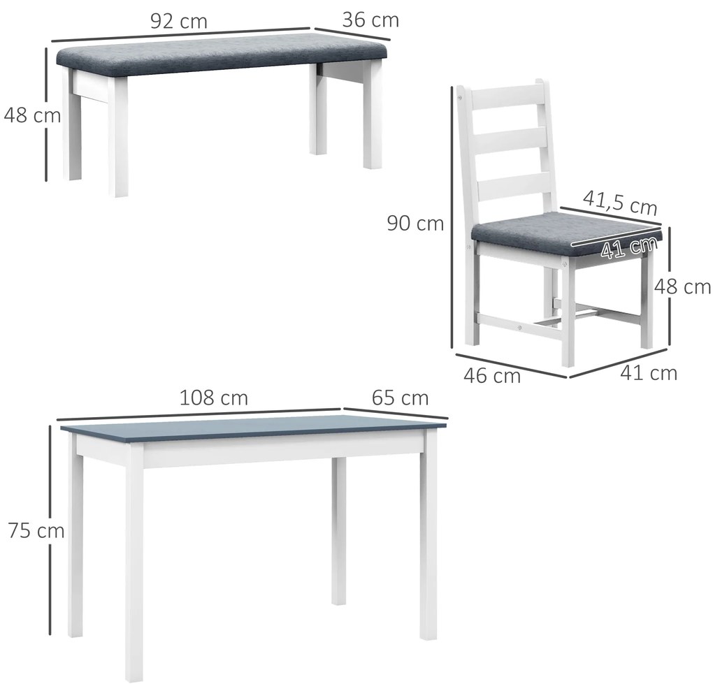 HOMCOM Σετ καθιστικού, 4 τεμαχίων σετ τραπεζαρίας, 1 τραπέζι, 1 πάγκος, 2 καρέκλες, Γκρι + Λευκό