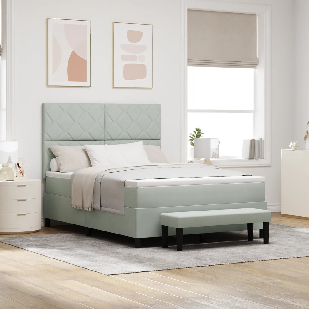 vidaXL Κρεβάτι Box Spring με Στρώμα & Πάγκο Ανοιχτό Γκρι 140x190 εκ. Βελούδο