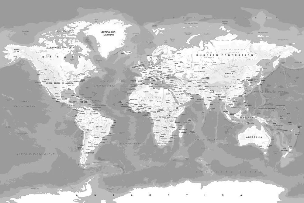 Εικόνα ενός μοντέρνου ασπρόμαυρου παγκόσμιου χάρτη σε φελλό - 90x60
