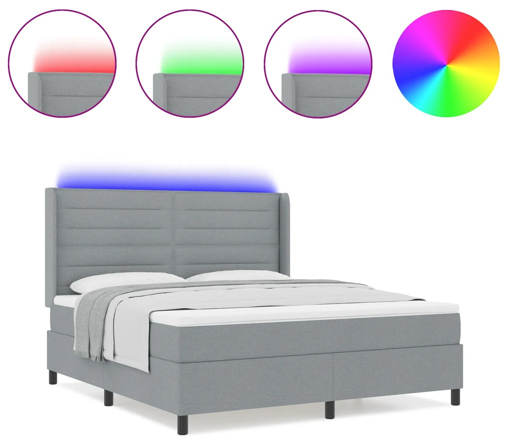 vidaXL Κρεβάτι με ελατήρια και στρώμα & LED, Ανοιχτό Γκρι, 180x200 εκ, Ύφασμα