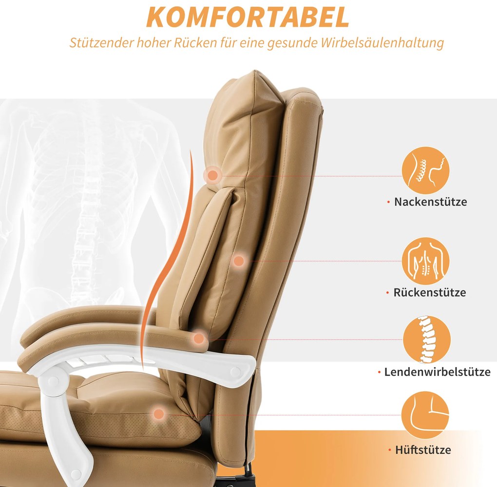 HOMCOM Καρέκλα γραφείου Εργονομική καρέκλα γραφείου με οσφυϊκή υποστήριξη, Αναδιπλούμενα μπράτσα, Υποπόδιο Ανοιχτό καφέ