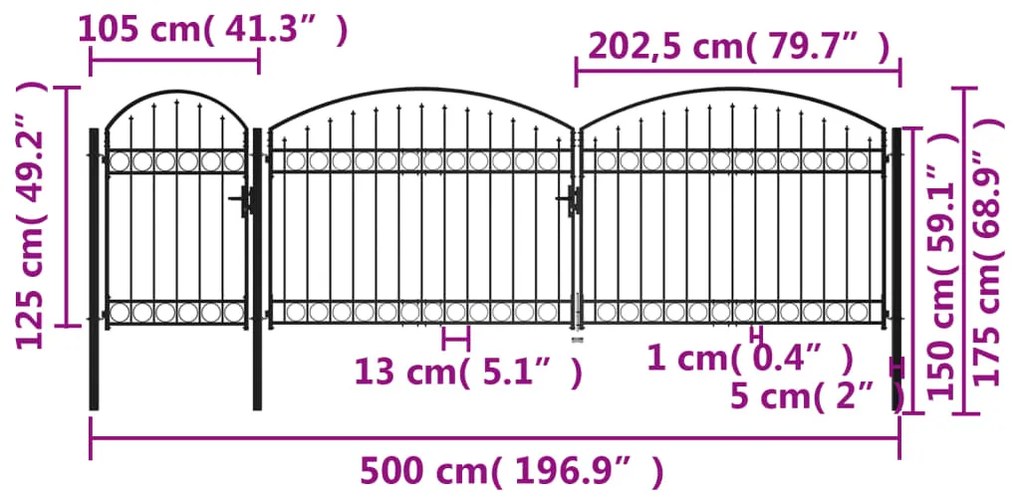 vidaXL Καγκελόπορτα με Αψιδωτή Κορυφή Μαύρη 1,75 x 5 μ. Ατσάλινη