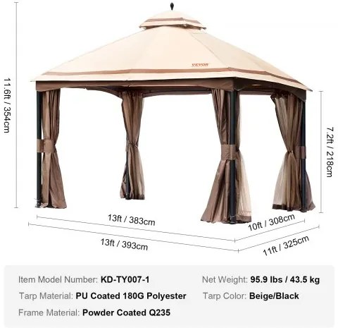 VEVOR Patio Gazebo for 10-12 Person, 10 x 13 FT Backyard Gazebo, with Mosquito Netting, Metal Frame, and PU Coated 180G Polyester, Outdoor Canopy Shelter for Patio, Backyard, Lawn, Garden, Deck