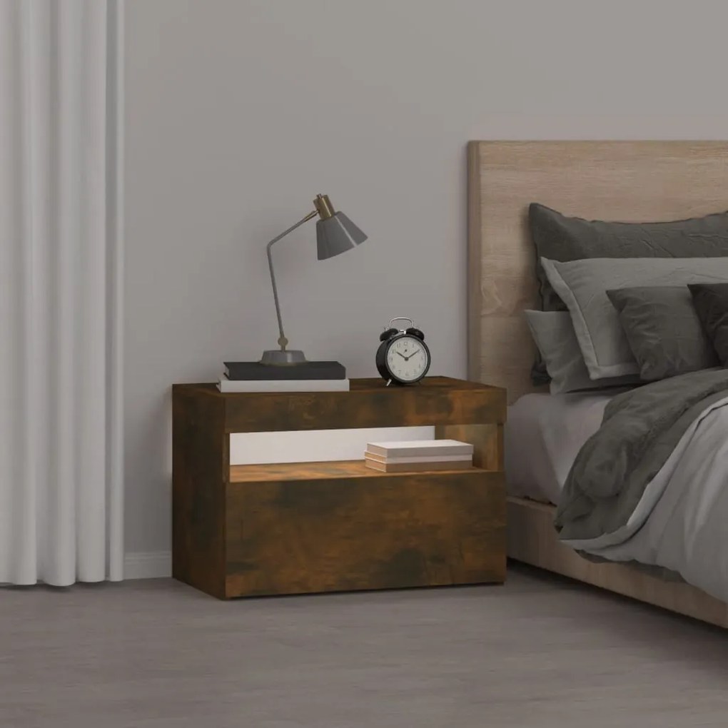 vidaXL Κομοδίνο με LED Καπνιστή Δρυς 60 x 35 x 40 εκ.