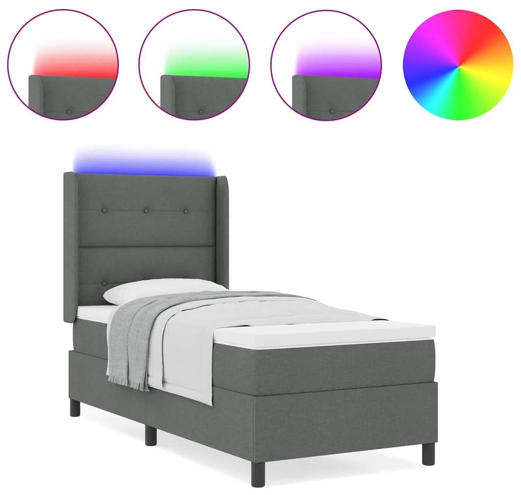 vidaXL κρεβάτι τύπου Box Spring με στρώμα & LED σε σκούρο γκρι 90x190 εκ. υφάσματος