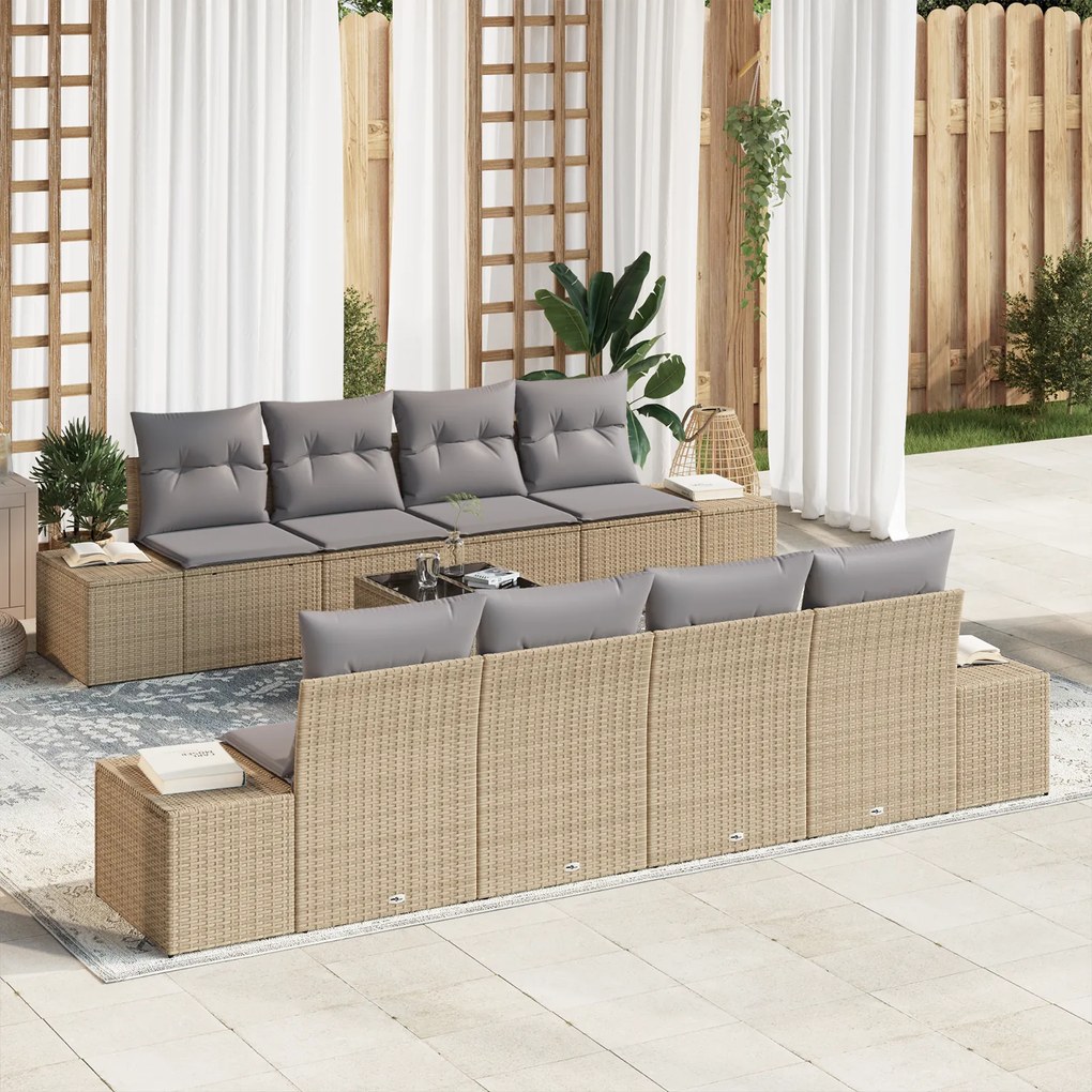 vidaXL Σετ καναπέ κήπου 9 τεμαχίων από πολυ rattan με μπεζ μαξιλάρια