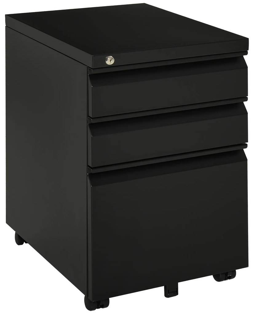 Vinsetto Συρταριέρα, 3 συρτάρια, 5 τροχοί, κρεμαστά αρχεία, κλειδώνει, ατσάλι, μαύρο 39 x 48 x 60 εκ.