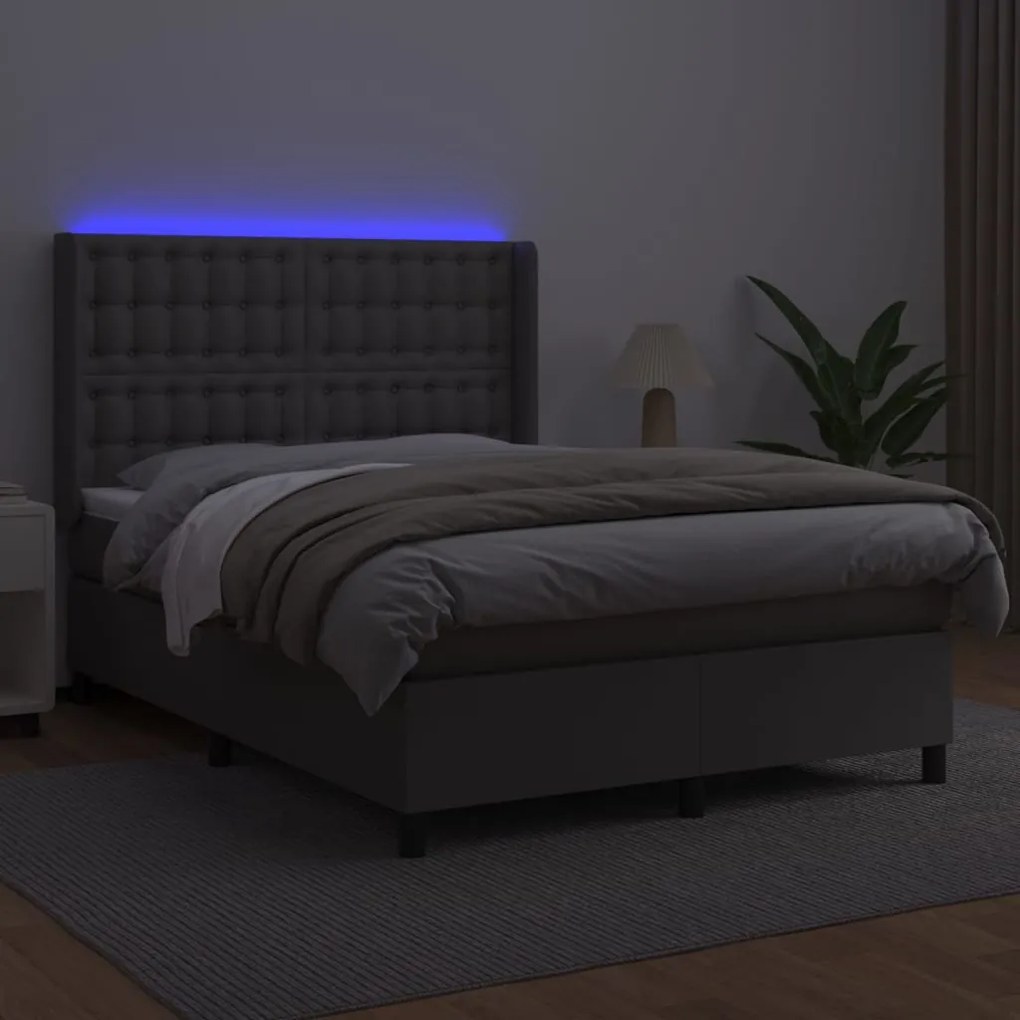 vidaXL Κρεβάτι Boxspring με Στρώμα & LED Γκρι 140x190 εκ. Συνθ. Δέρμα